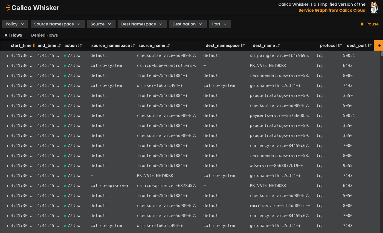A view of the Calico Whisker web console